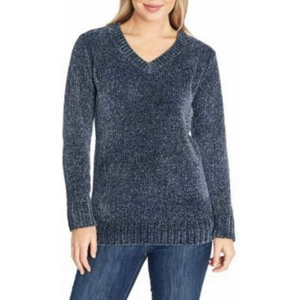 Orvis Chenille V Neck Sweater Thick Knit Blue Women’s XXL